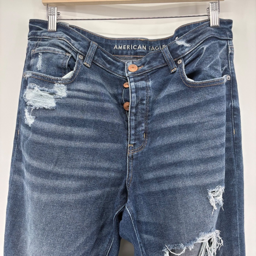 American Eagle Outfitters Womens Tomgirl Jeans Distressed Dark Wash Size 14 Long - Picture 2 of 10